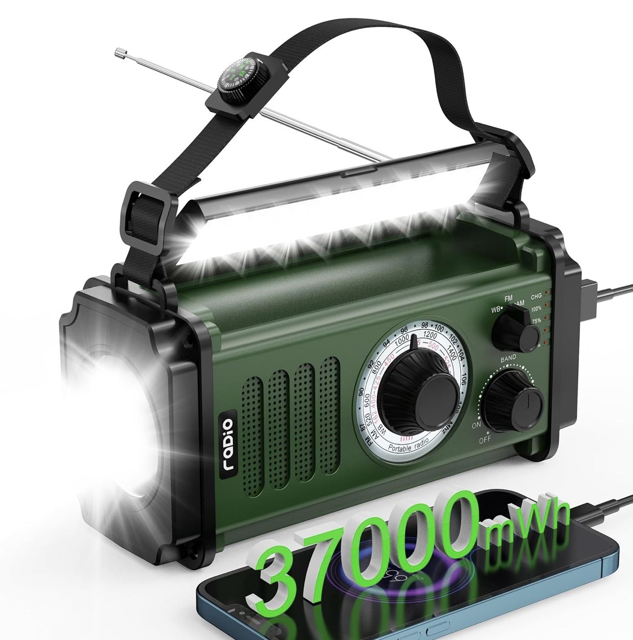 10000mAh Emergency Radio, Solar Radio, Hand Crank Radio, NOAA AM FM Weather Radio, 4 Charging Methods, Polymer Battery, Flashlight & Reading Lamp, SOS