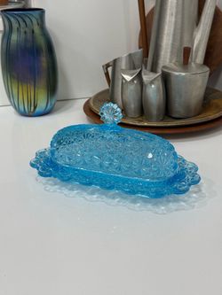 Vintage Fenton LG Wright Art Glass Daisy and Button Electric Blue Butter Dish