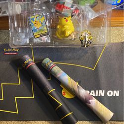 One Pikachu Toy And One Legendary Arceus Toy With Pikachu V Card From A $50 Celebrations Box, Also 3 Different Brand New Never Used Mats 