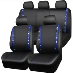 CAR GRAND Bling Car Seat Covers Full Set, Shining Rhinestone Diamond Waterproof Faux Leather, Rear with Zipper, Universal Fit Automotive Glitter Cryst