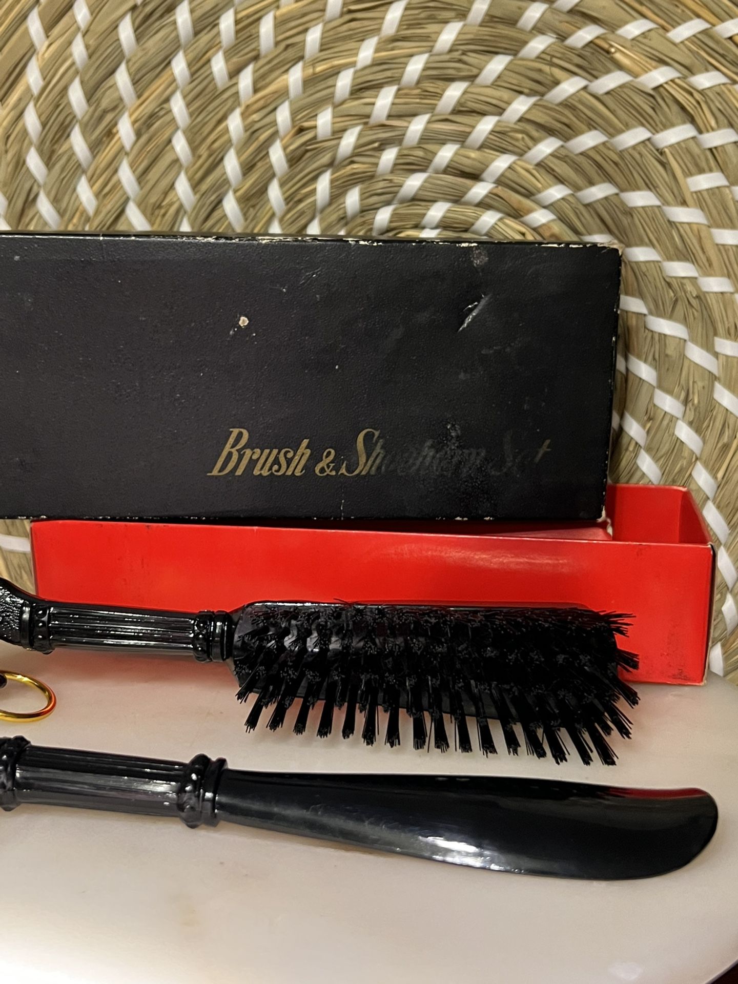 Vintage horse head clothing brush and shoehorn set vanity set