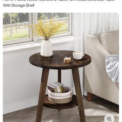 Solid Wood Round End Table, Farmhouse Sofa Side Table with Storage Shelf