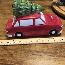 Red Car With Christmas Tree On Top Cookies Jar