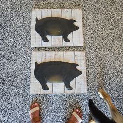 2 Metal Pigs On Wood  