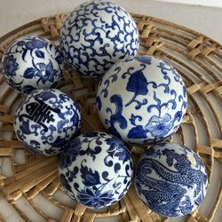 Six beautiful blue and white porcelain decorative balls