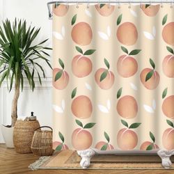 Long Watercolor Summer Leaf Fabric Shower Curtain for Bathroom Fruit Leaves Orange Red Peaches Colorful Waterproof Cloth Curtains Set with Hooks