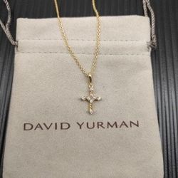 David Yurman gold diamond small modern cross pendant necklace.