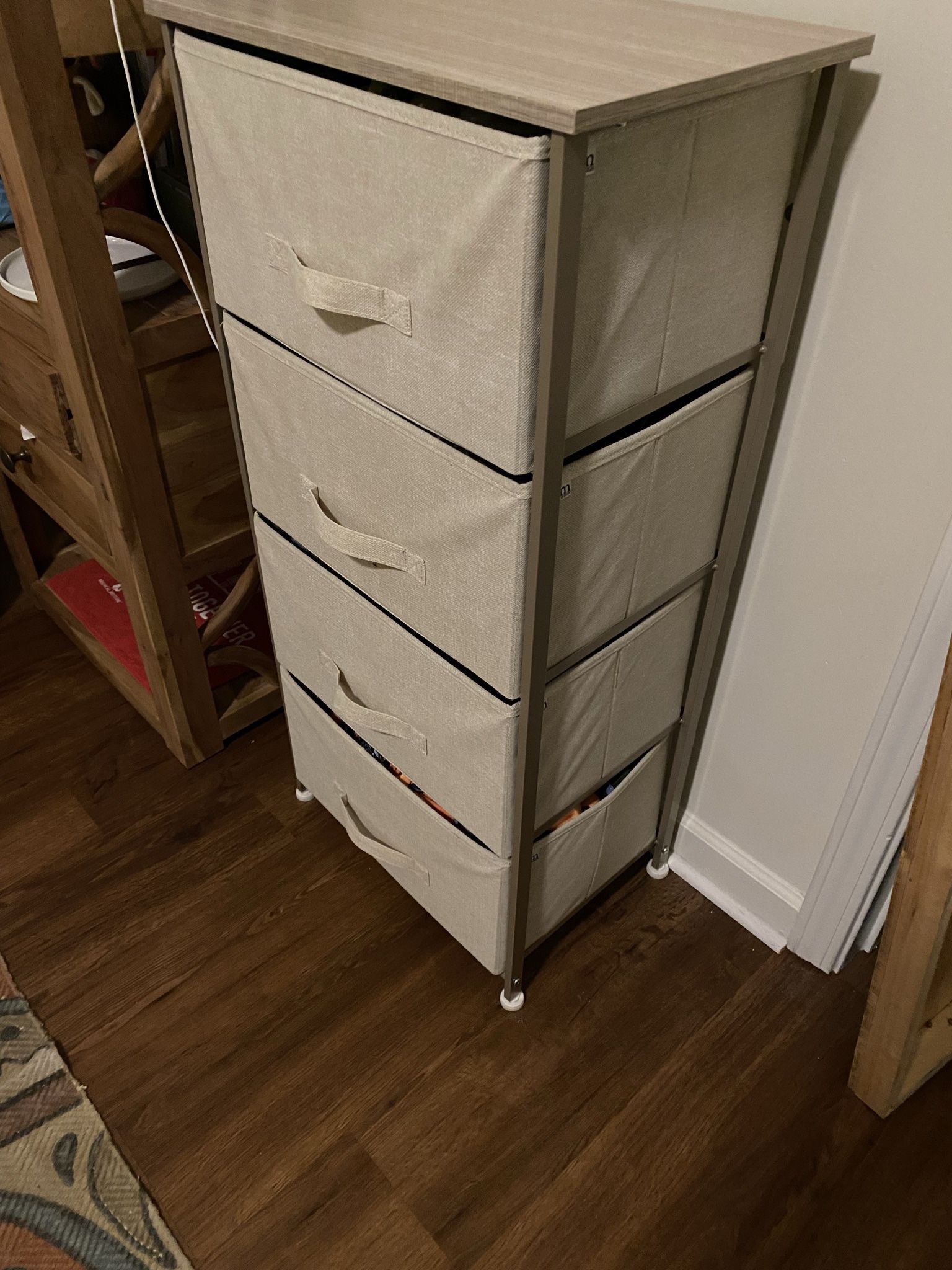 Beige rolling cloth cart with drawers