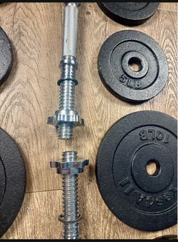 Set Of Cast Iron Standard (1.2 Inch) Dumbbells With 4 Weight Plates Of 10,  And 4 Of 5  Pounds.