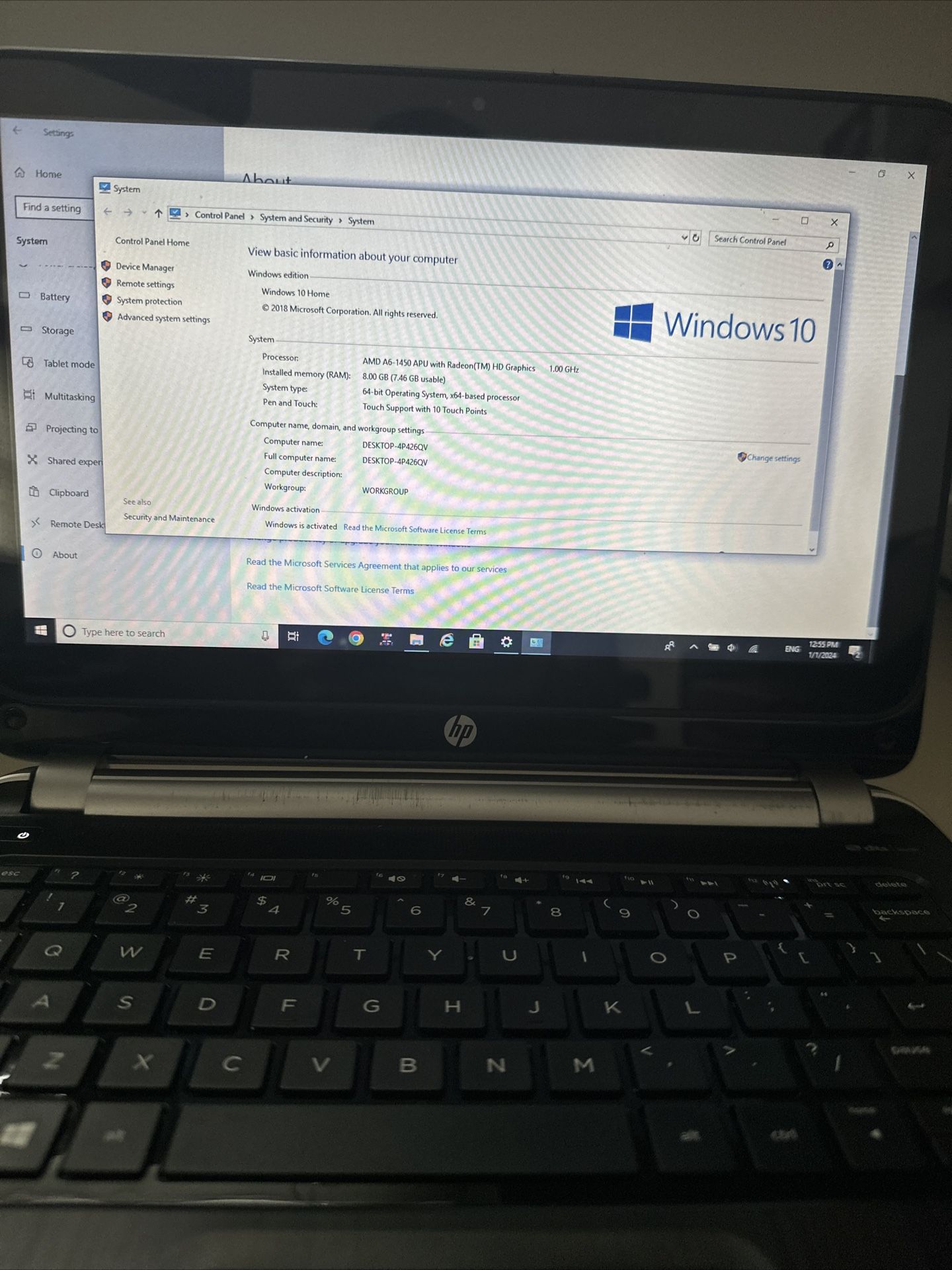 HP PAVILION TOUCHSCREEN AMD A6-1450@ 1.00GHz/8GB-500GB HDD-11.5'' Win10 HM