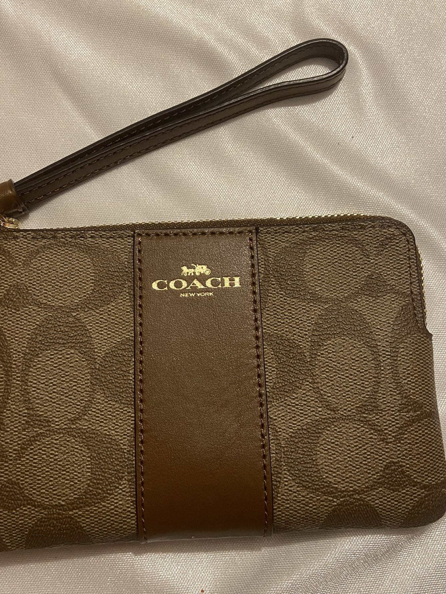 Authentic COACH wristlet Small Khaki/Saddle PVC Leather Signature Canvas