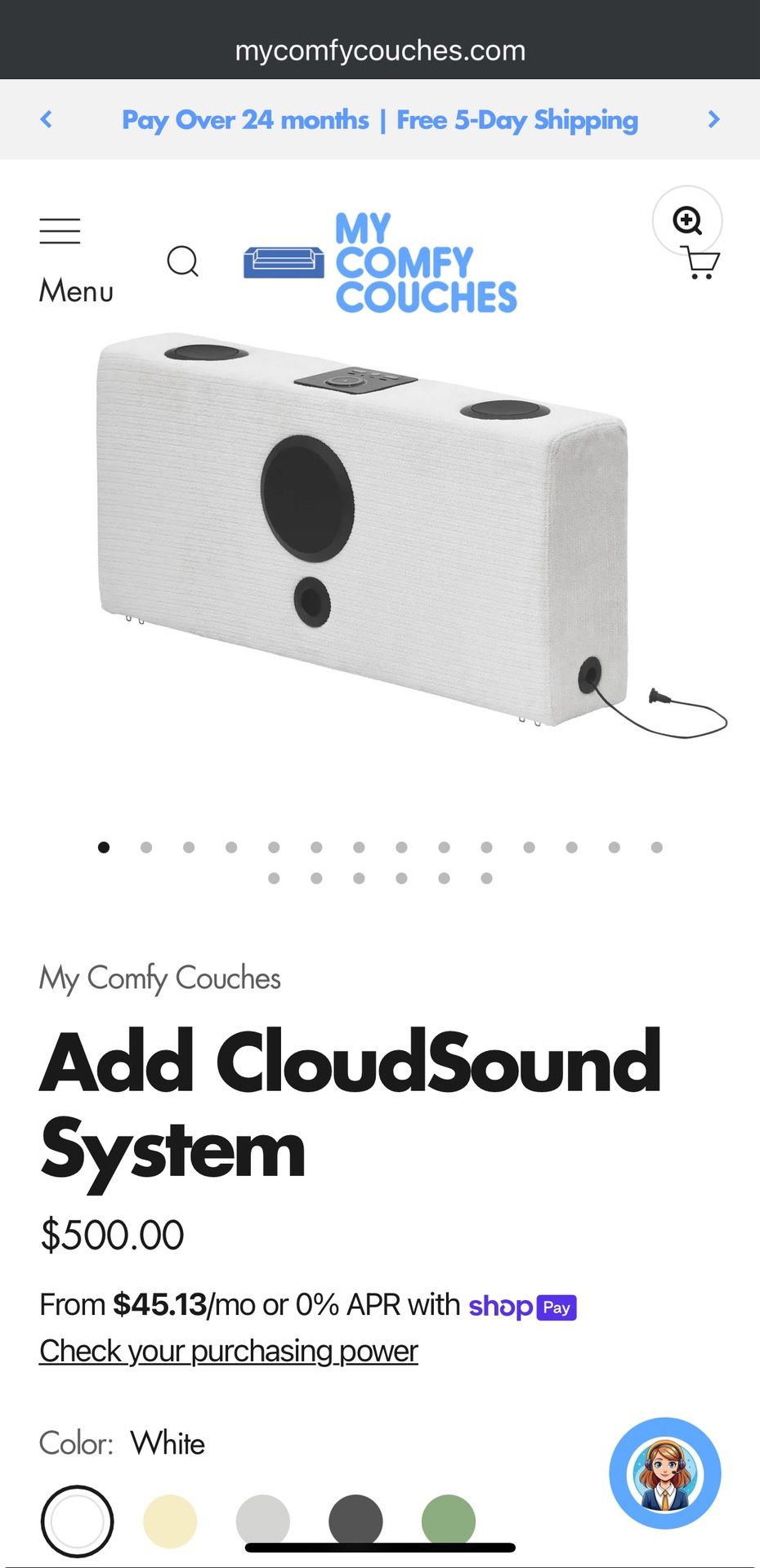 My Comfy Couches Cloud Sound System Cushion With Bluetooth Speaker - White 