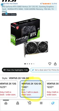 MSI GeForce RTX 3060 Ventus 2X 12G OC, Gaming Graphics Card - NVIDIA RTX 3060, 12GB GDDR6 Memory, 192-bit, 15 Gbps