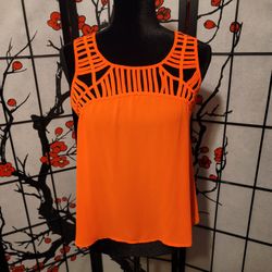 Mine Ladies Sheer Peep Cut Tank Top Orange/Size Small