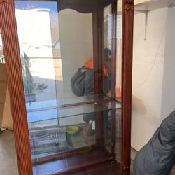 Wooded Sliding Door Cabinet W/ Glass Shelves 
