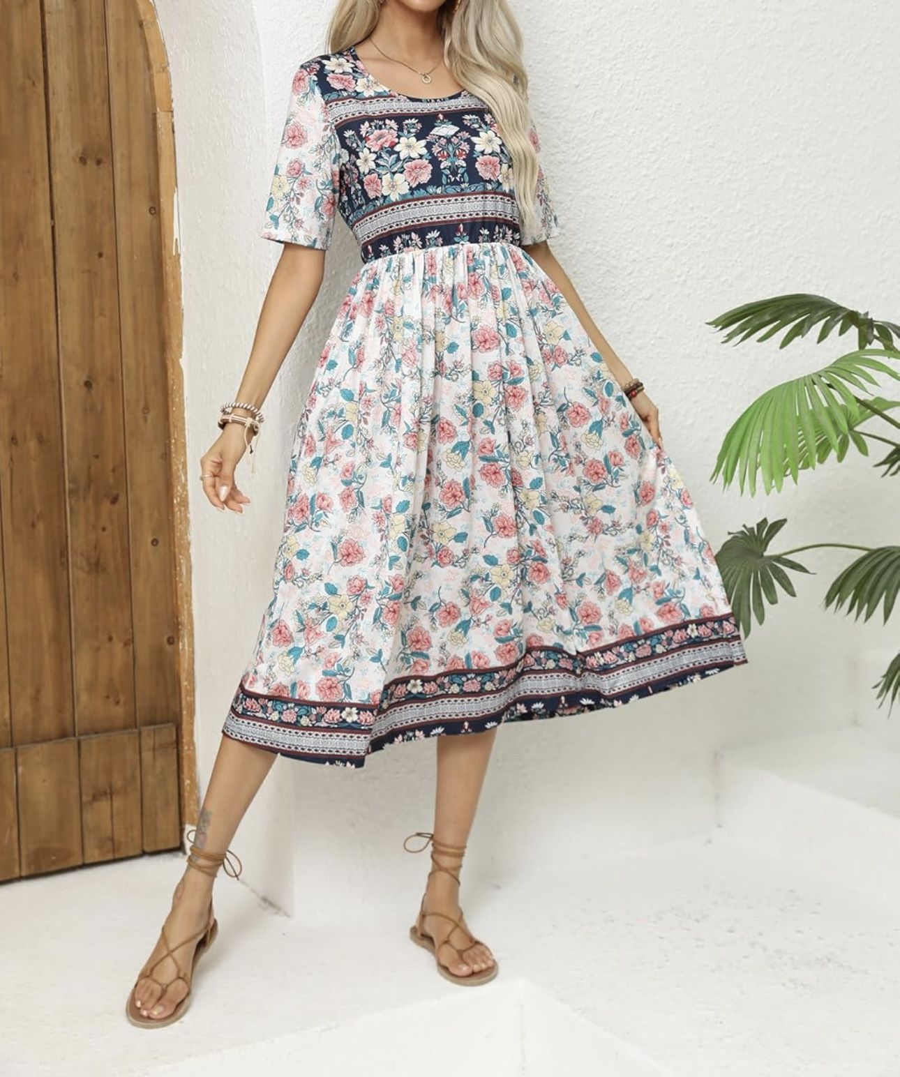 Women Midi Dress Floral Printed Casual Loose Fit A Line Half Sleeve Sundress Lightweight for Office Travel Date Weekend  Size L, XL  Brand new 