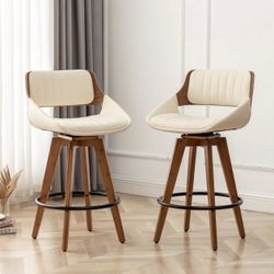Swivel Bar Stools Set of 2 Mid Century Modern Faux Leather Upholstered Bar Height Barstools,Kitchen Island Wooden Bar Chairs,29.5-Inch Armless Counter