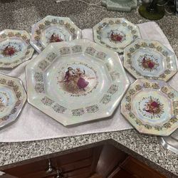 Vintage Japan Opal Iridescent w/ Gold Dinner Plate W/ Six Side Plates