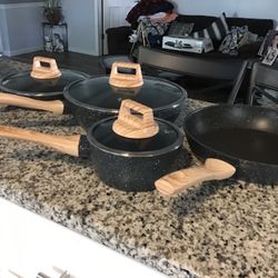 SODAY. This  is a nonstick granite-coated cookware set with wood-look handles.  Used But Still With Lots Time To Go 