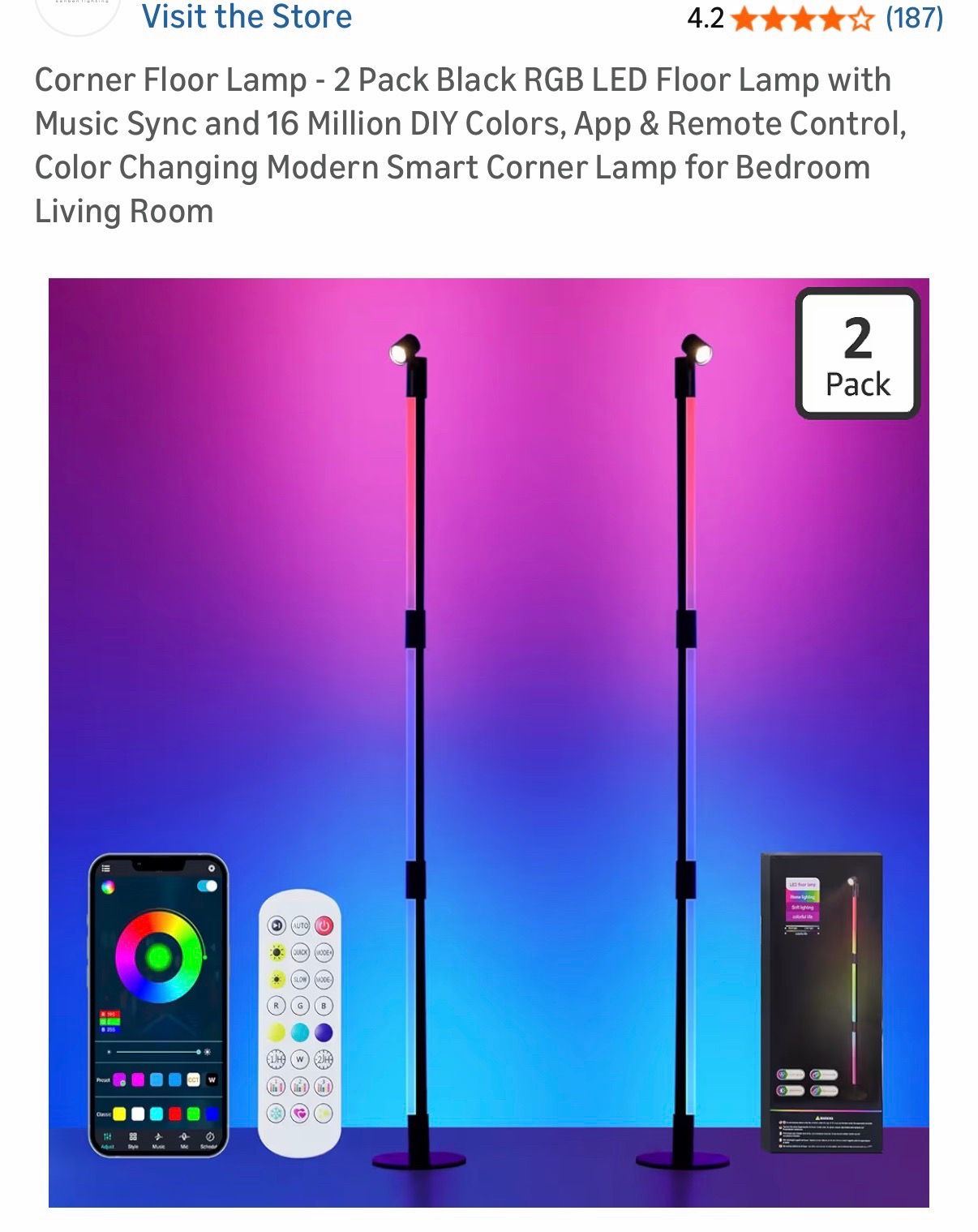 Corner Floor Lamp - 2 Pack Black RGB LED Floor Lamp with Music Sync and 16 Million DIY Colors, App & Remote Control, Color Changing Modern Smart Corne