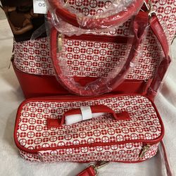 IMAN Closeout Red Signature Logo Print Satchel with 7 Inch Handle and Removable Cosmetic Case NWT