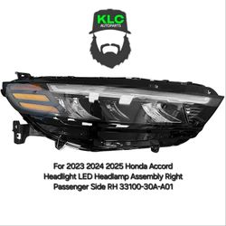 For 2023 2024 2025 Honda Accord Headlight LED Headlamp Assembly Right Passenger Side RH 33100-30A-A01