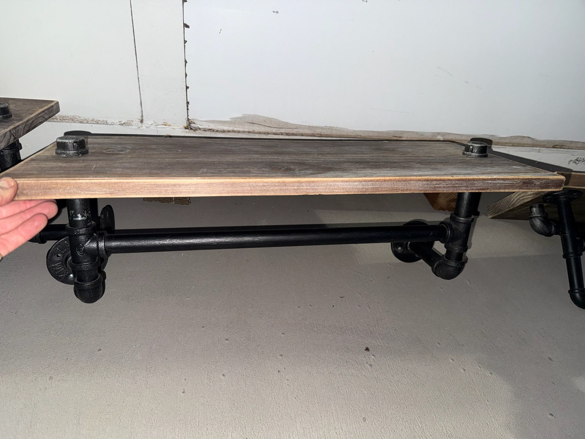 Industrial Pipe Shelf Wooden Shelf With Towel Bar - Like New 