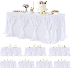 Besutolife White Tulle Tablecloth 8Pack Stretchable Cross Table Cover 3 Sides for Wedding, Birthday, Party Decor, Banquet, Bridal Shower Fits Rectangl