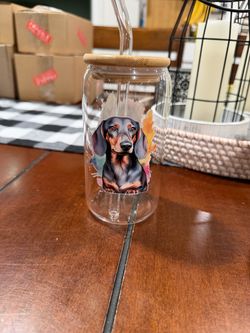 Dachshund Glass Can Cup with Bamboo Lid and Straw