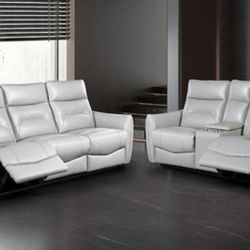 Brand New Taupe Leather Power Reclining Sofa & Loveseat 