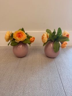 Set of 2 Pink Ceramic Bud Vases with Faux Roses
