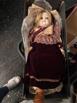 Porcelain Collector Doll with Burgundy Velvet Dress