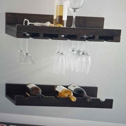 Pottery Barn Holman Shelf Wood Wine Bottle And  Glass Rack