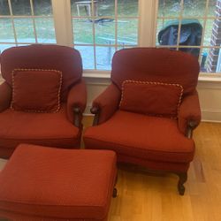 Set Of  Two Arm Chairs With Ottoman 