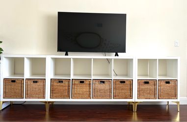 Kallax shelf units/TV stands with storage and gold legs. Please read ad for pricing!