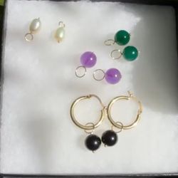 14k Solid Gold Huggie Earrings With 4 Pairs Of Gemstone Dangles On 14k Gold Loops/Stems