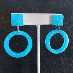 Neon blue silver glitter glow in the dark dangle hoop earrings new handmade resin