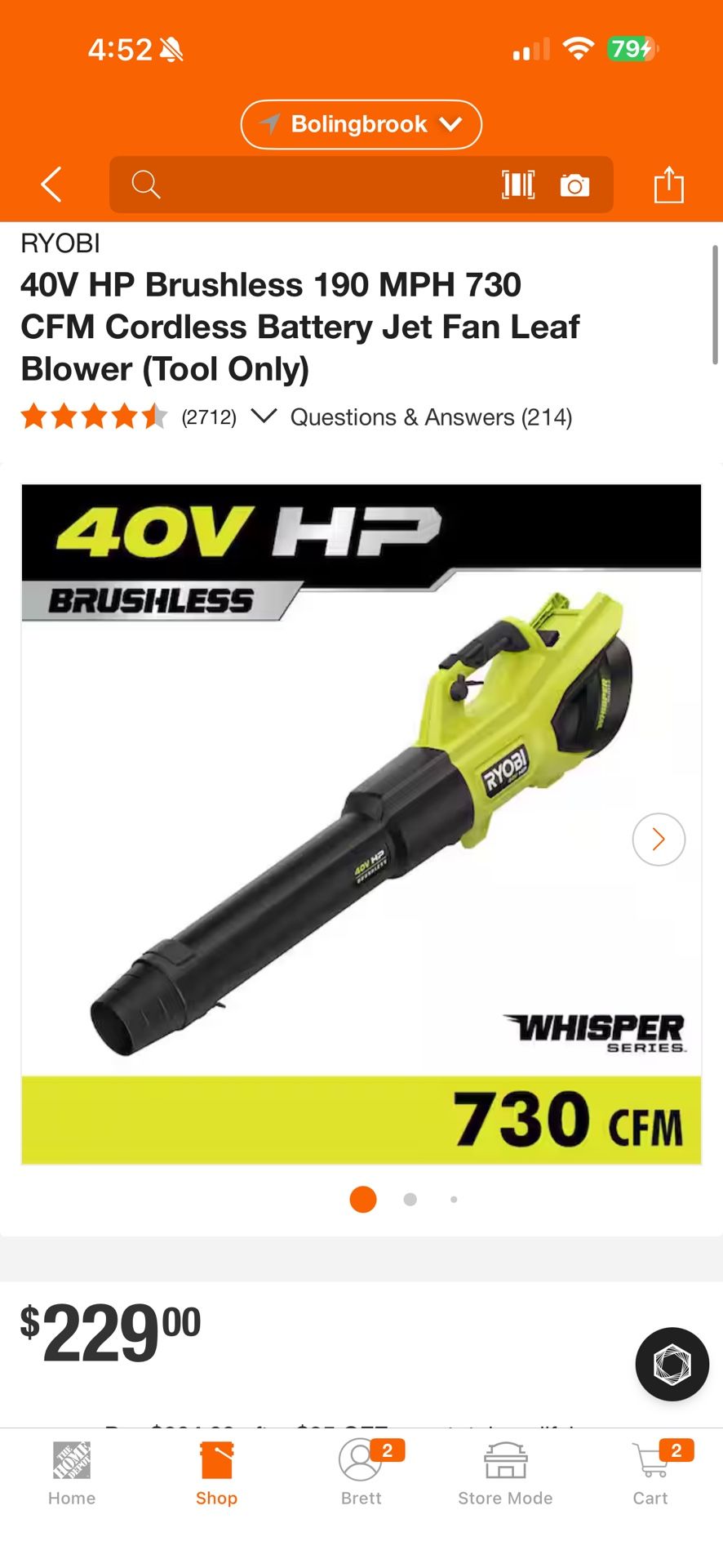 RYOBI 40V HP Brushless 190 MPH 730 CFM Cordless Battery Jet Fan Leaf Blower