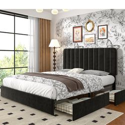 VECELO King Size Upholstered Bed Frame with 4 Drawers and Headboard, Velvet Platform Storage Bedframe, Wooden Slats Support, No Box Spring Needed,Blac