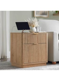 T4TREAM 23'' Fluted Nightstand Swith Charging Station, Large 2 Drawer Side Table, Modern End Table with Storage, Mid Century Bedside Table for Bedroom