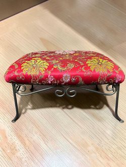 Vintage Red & Gold Floral Brocade Footstool / Iron Riser