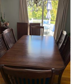 Solid French Cherry Wood Double Pedestal Dining Table Set (6 Chairs + 2 Leaves)