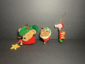 Vintage Lot of 3 Ceramic & Wooden Bear Stocking & Riding Horse Christmas Ornaments