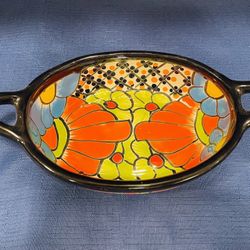 Vintage Talavera Oval Dish With Handles And Vibrant Colors 