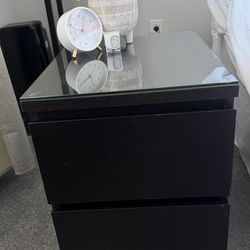 Modern Black Nightstand w/ Glass Top – 2 Drawer Bedside Table (2x)