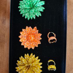 Vintage Metal Flower Brooches And Matching Earrings