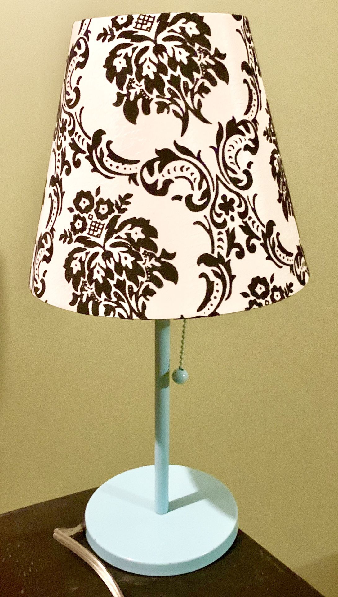 Mini lamp light blue with white satin and black velvet lamp shade