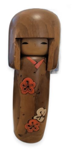 Vintage Japanese Kokeshi Doll, Tall Brown Wood, Plum Blossoms, Usaburo Workshop