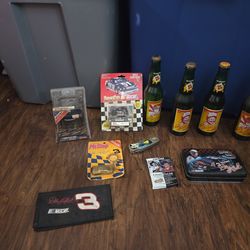 Dale Earnhardt Nascar's collection set 4 bottles has no case helmet knife keychain small one wall one small pack of cards tin box that comes with two 