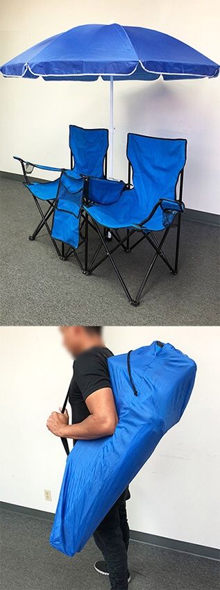 (NEW) $35 Portable Folding Picnic Double Chair w/ Umbrella Table Cooler Beach Camping Chair